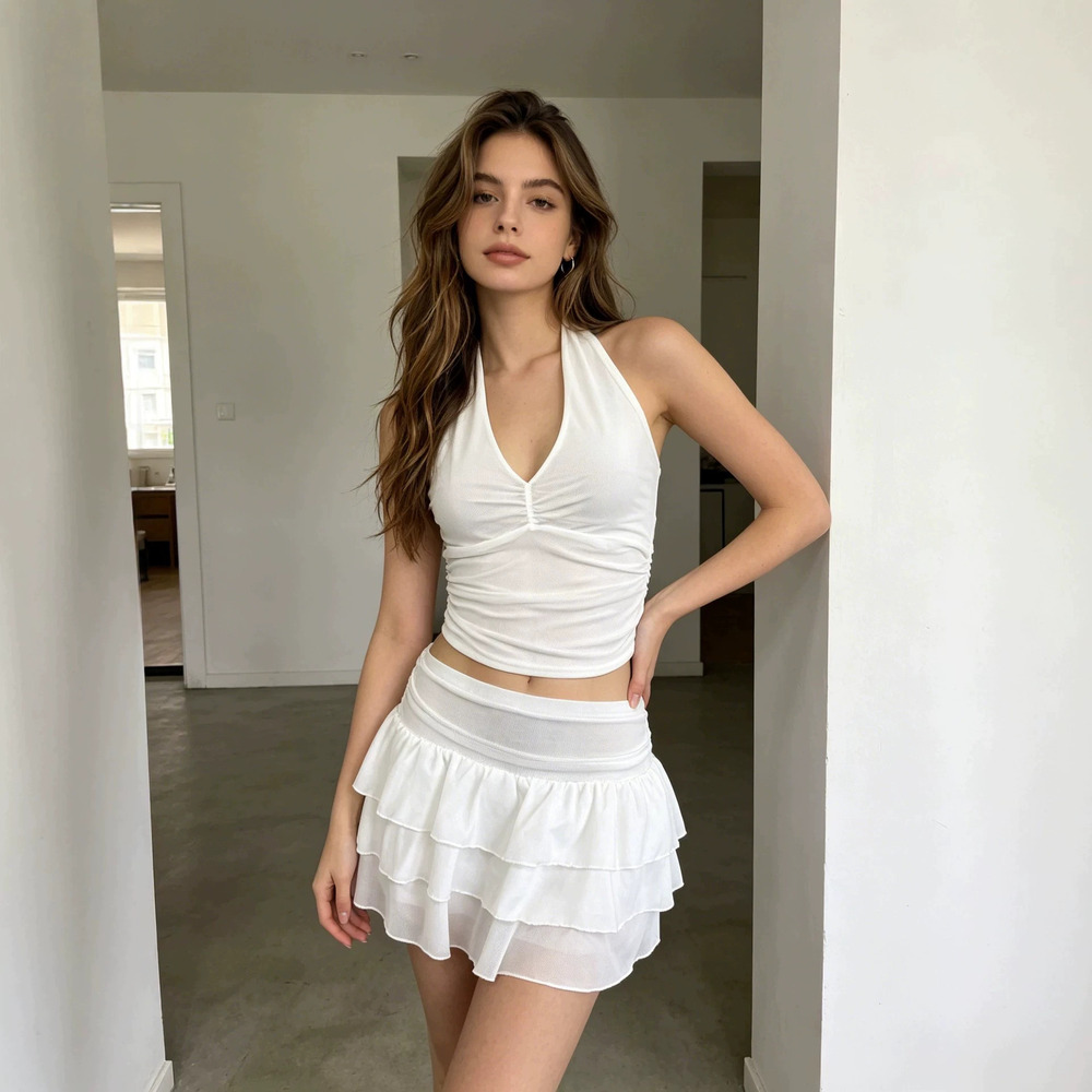 Zara Beach Halter Neck Ruffled Crop Top Multi Layer Ruffled Skirt Set